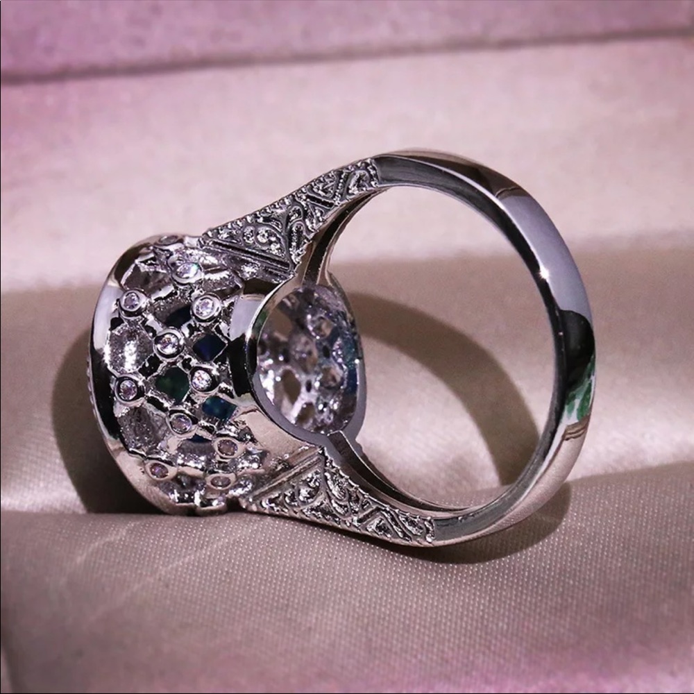 New Unisex 925 Silver Sapphire Engagement Wedding Band Ring Luxury - Picture 3 of 4